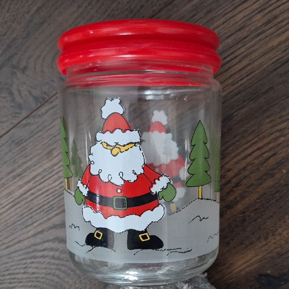 Glass Santa Jar With Plastic Lid, Approx 5 1/2 Inches Tall